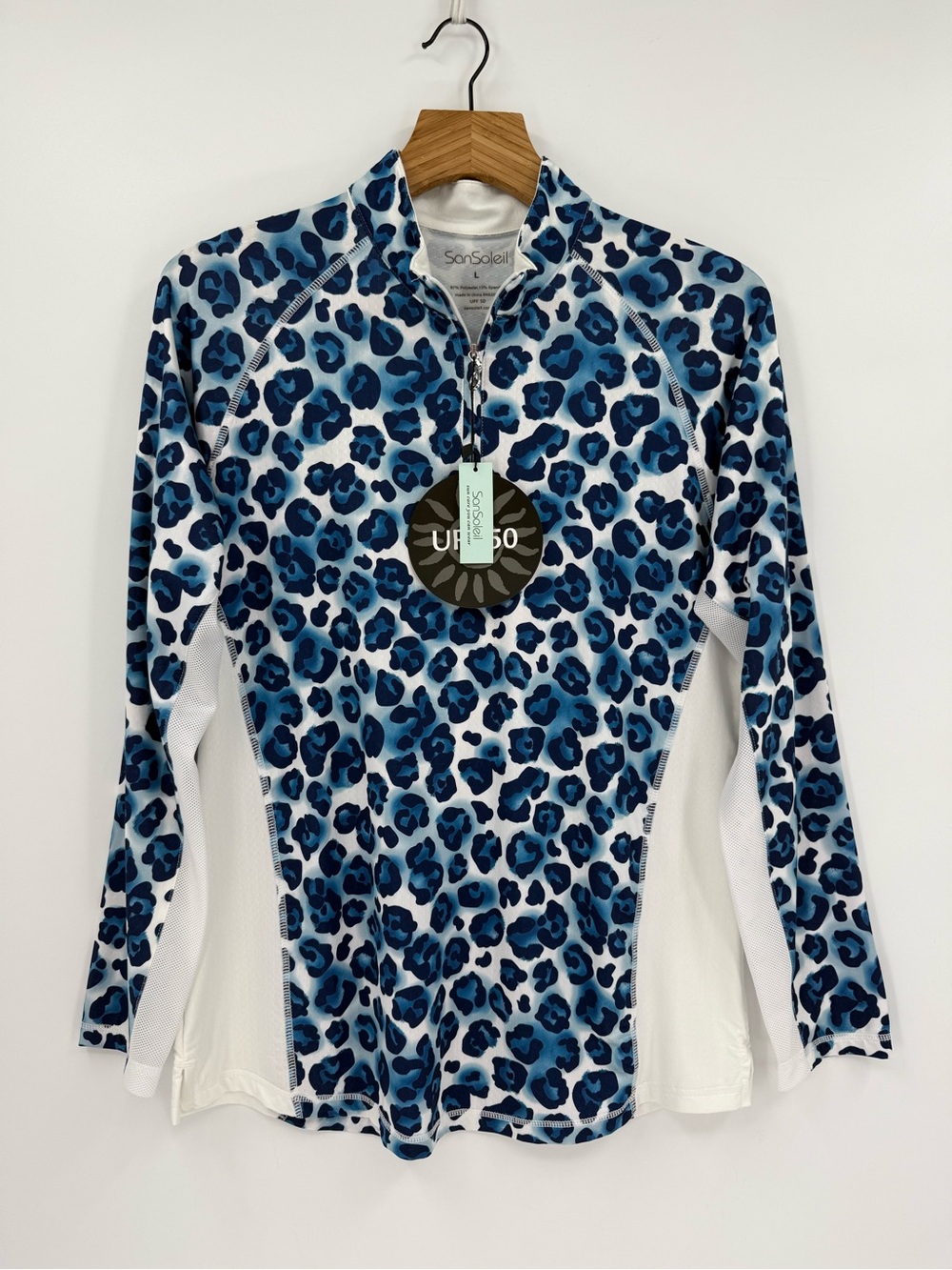San Soleil Blue Leopard Print Long Sleeve Sun Protection Shirt Size L